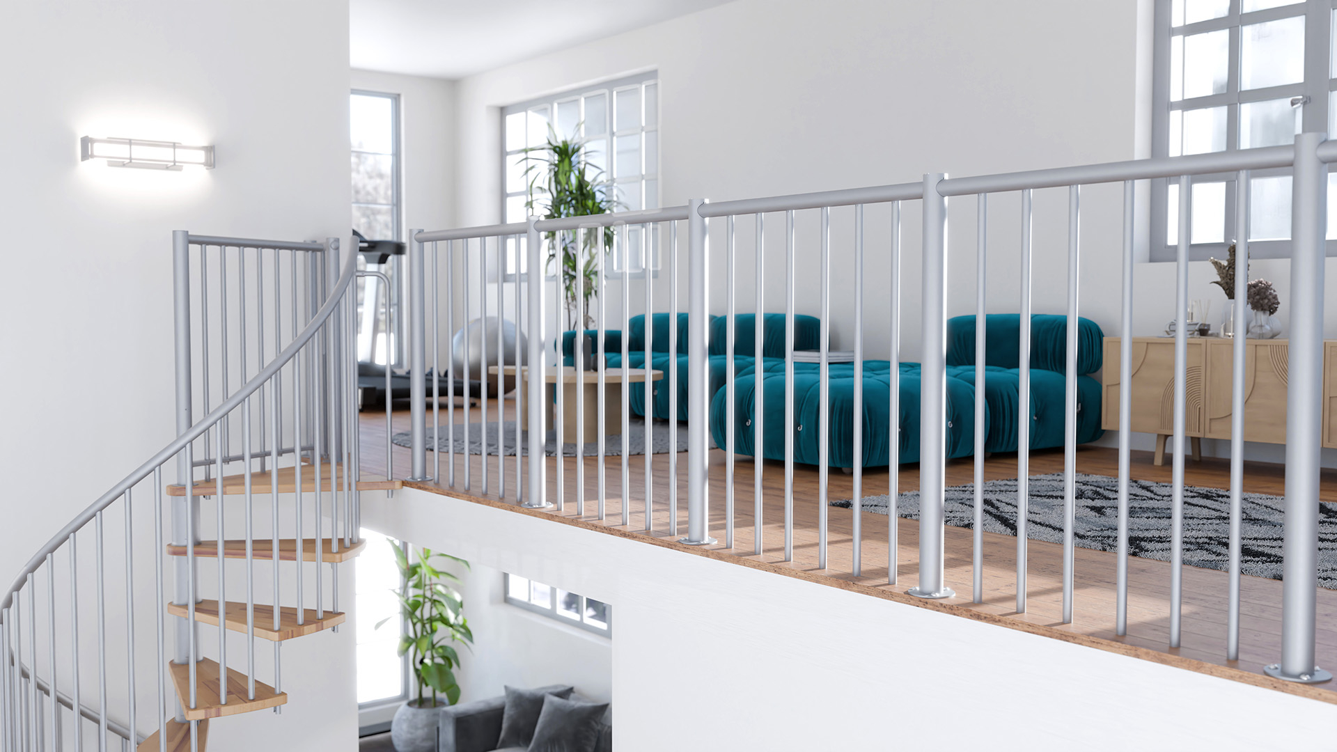 Metalen borstwering op verdiep voor wenteltrappen