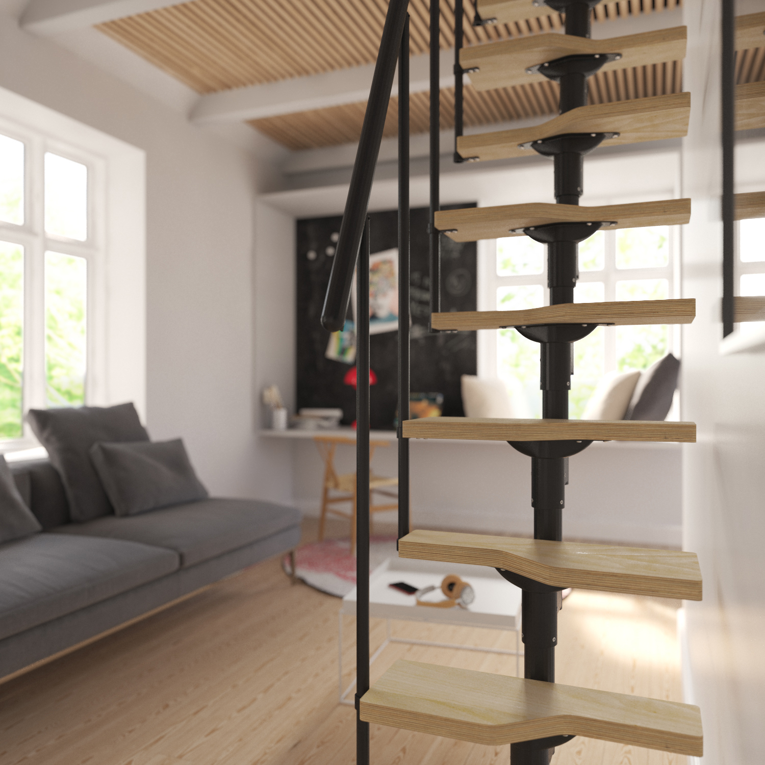 ATLANTA trap met houten treden en een zwart metalen structuur in een modern en gezellig interieur.
