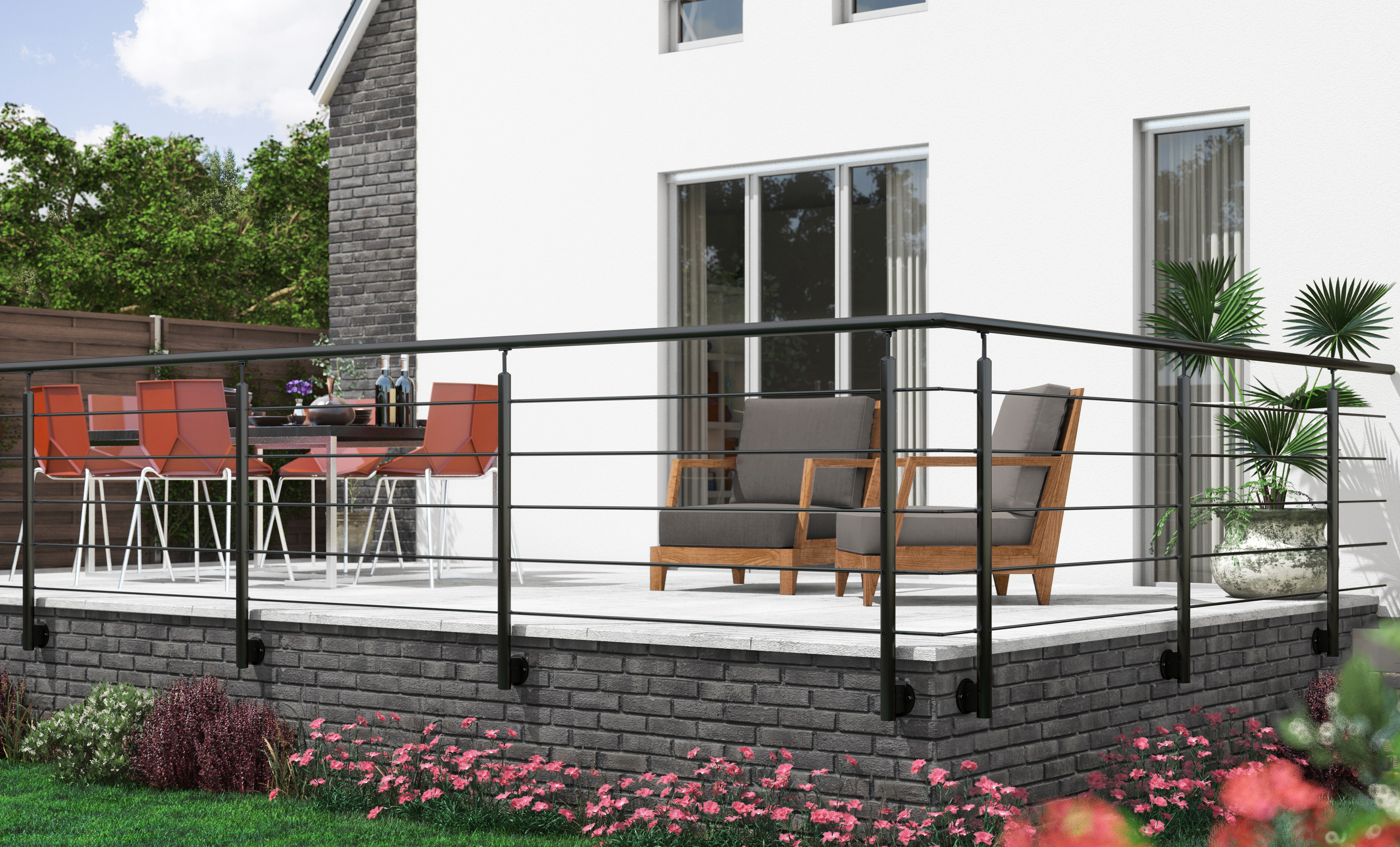 Borstwering CLEAN BLACK : minimalistisch ontwerp in aluminium, weersbestendig, modulaire packs van 150 cm.