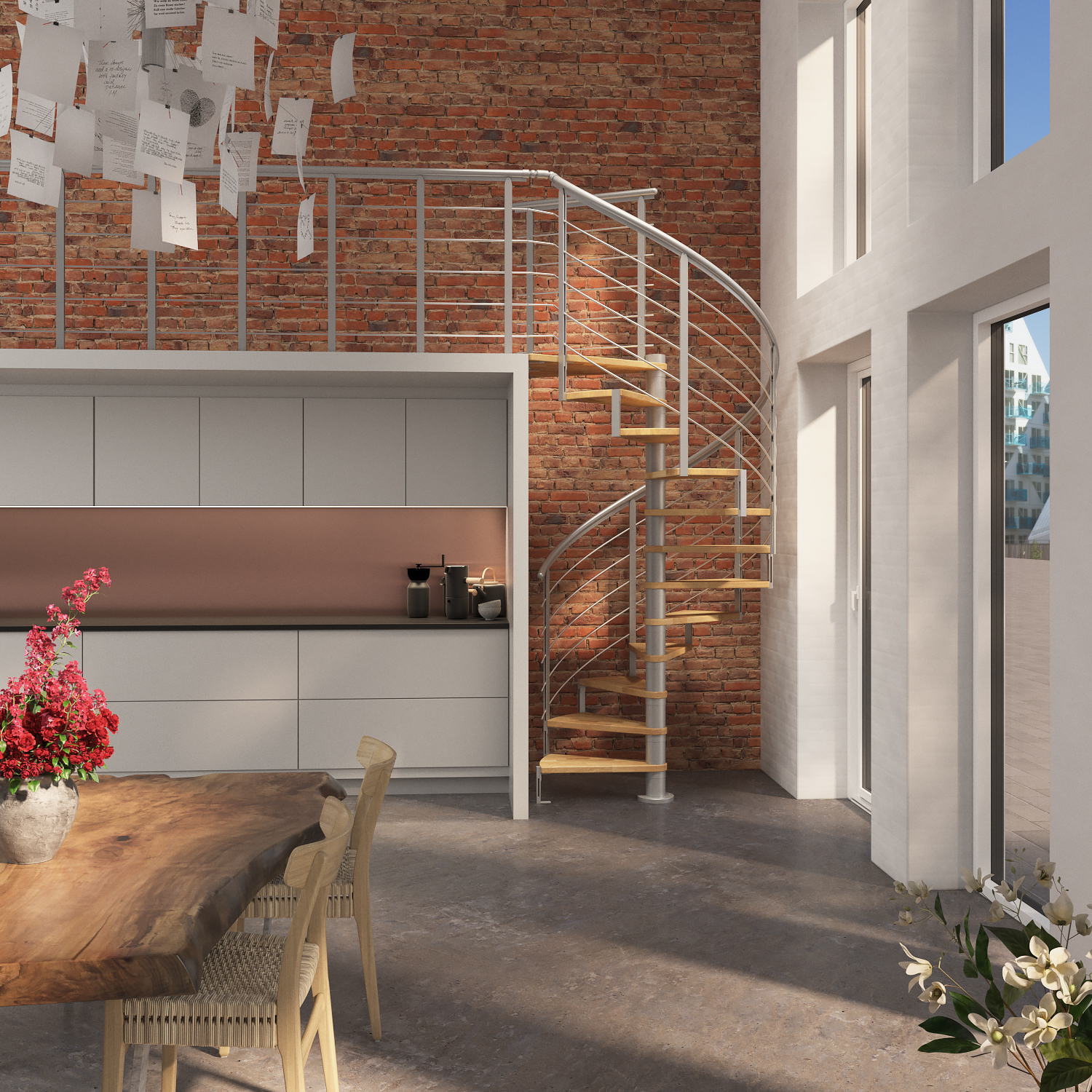 Elegante MONTREAL spiraaltrap met houten en metalen treden, in een open keuken en woonkamer met een bakstenen muur.