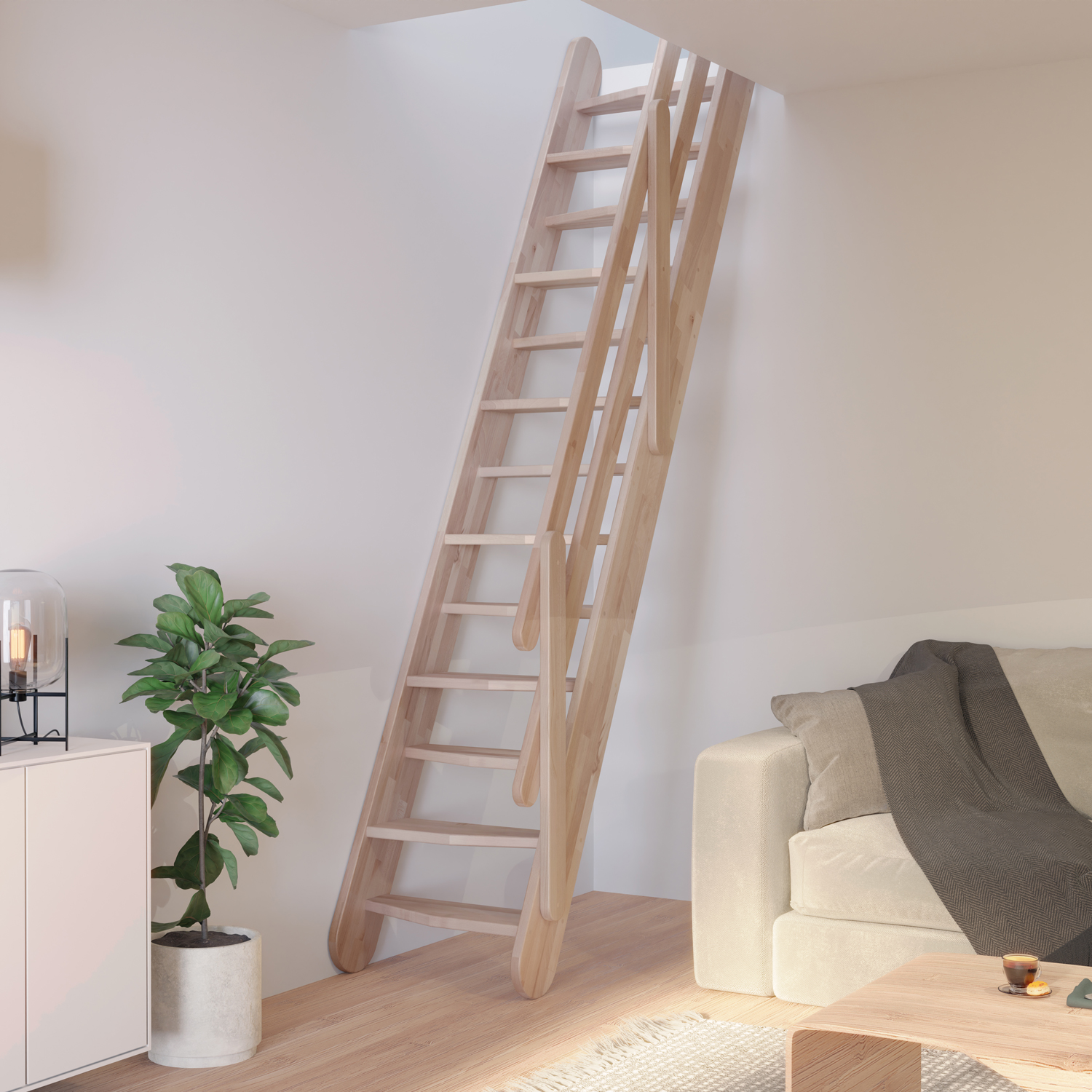 Houten ruimtebesparende trap met fijne leuningen, leidend naar een bovenverdieping in een minimalistische en lichte ruimte.