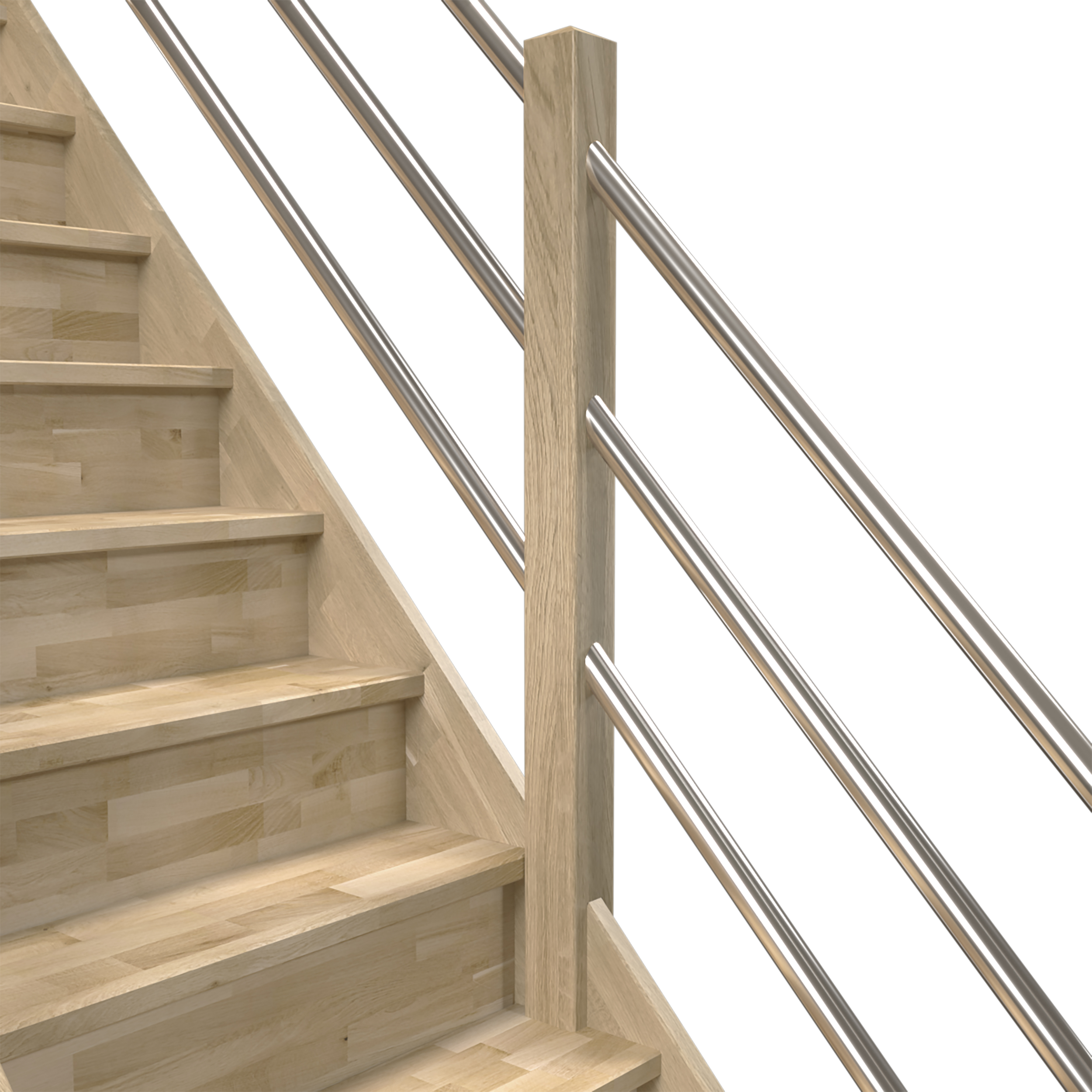 Afbeelding van een trap met open treden en een moderne, strakke leuning, met horizontale stalen buisrails voor een minimalistisch ontwerp.