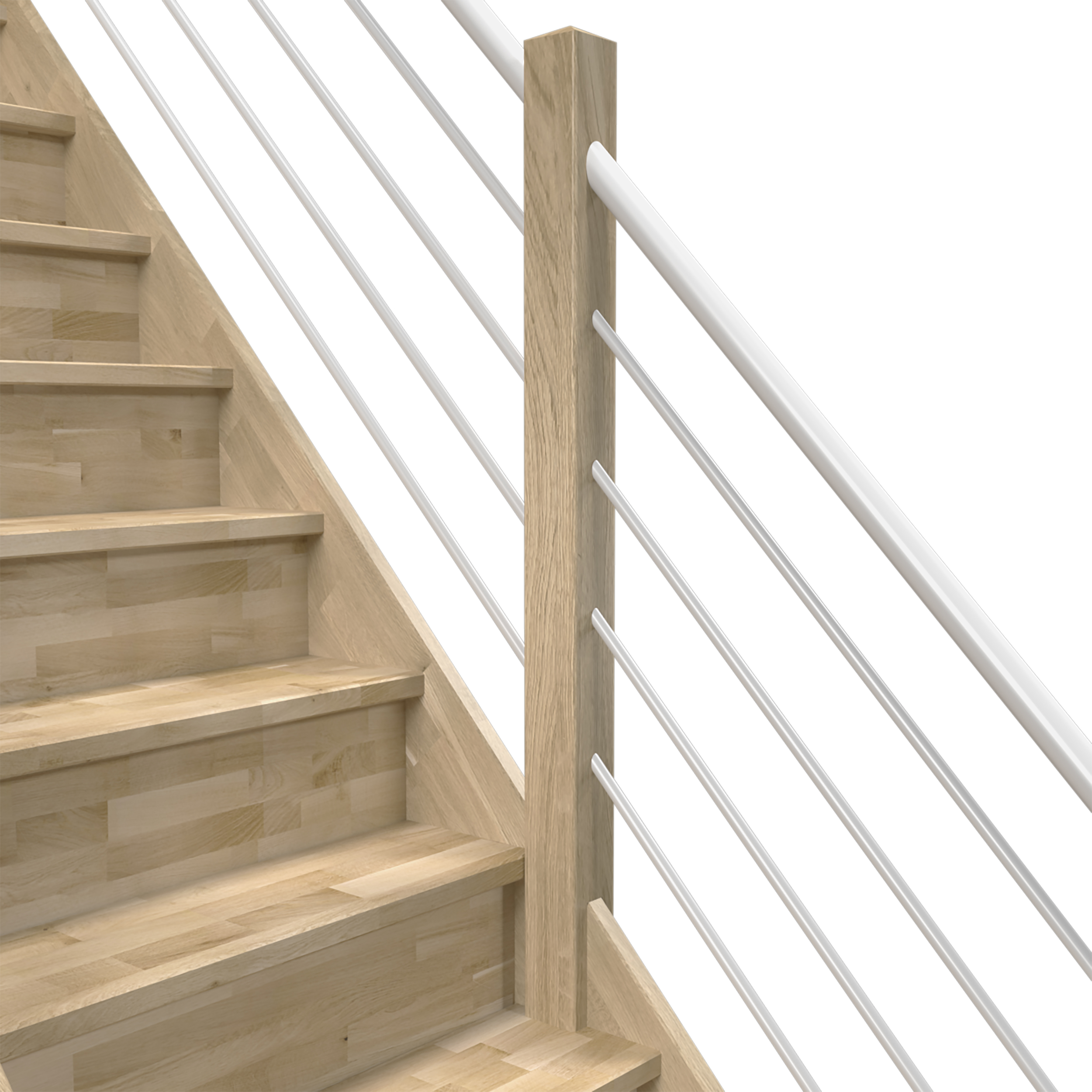 Afbeelding van een trap met open treden en een moderne leuning met horizontale witte stalen buisrails voor een strakke en minimalistische stijl.