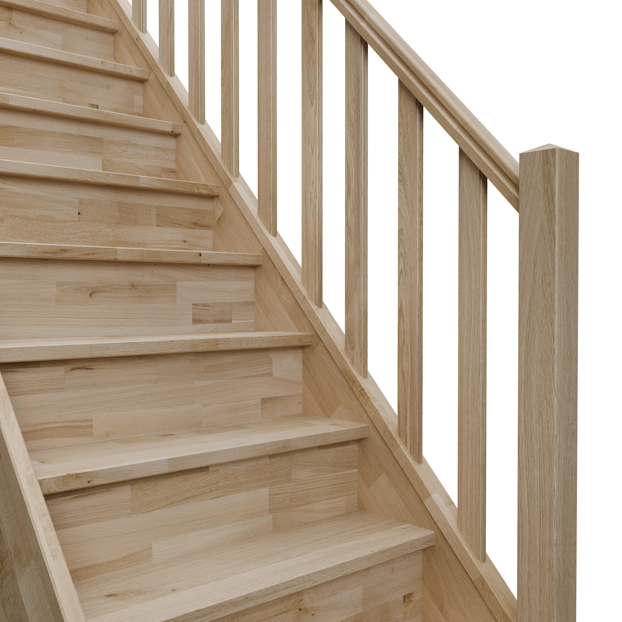 Afbeelding van een trap met gesloten stootborden, een houten leuning en verticale houten balusters met een “klassieke” uitstraling.