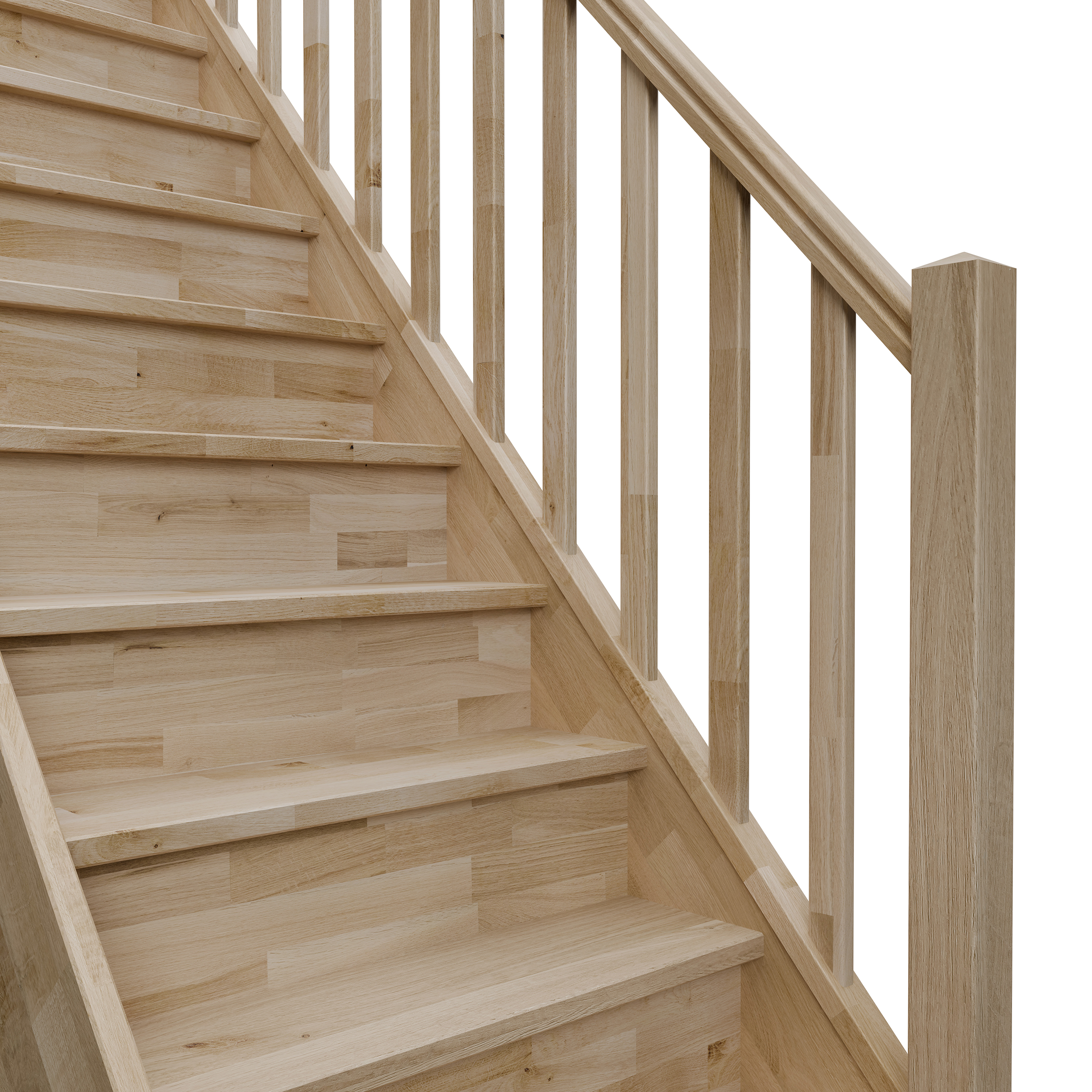 Afbeelding van een trap met gesloten stootborden, een houten leuning en verticale houten balusters met een “moderne” uitstraling.