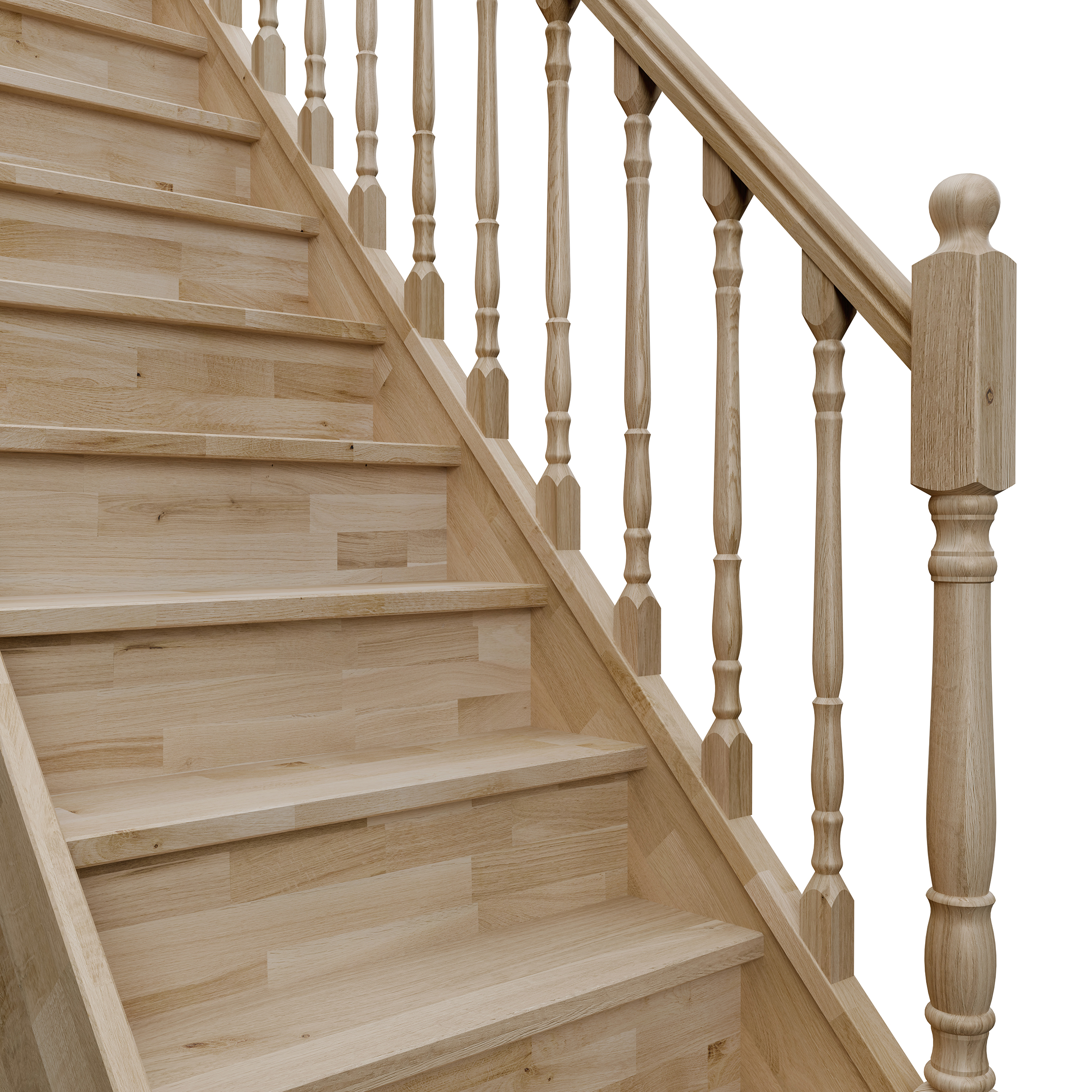 Afbeelding van een trap met gesloten stootborden, een houten leuning en klassieke, decoratief gedraaide houten balusters, die een vintage uitstraling creëren.