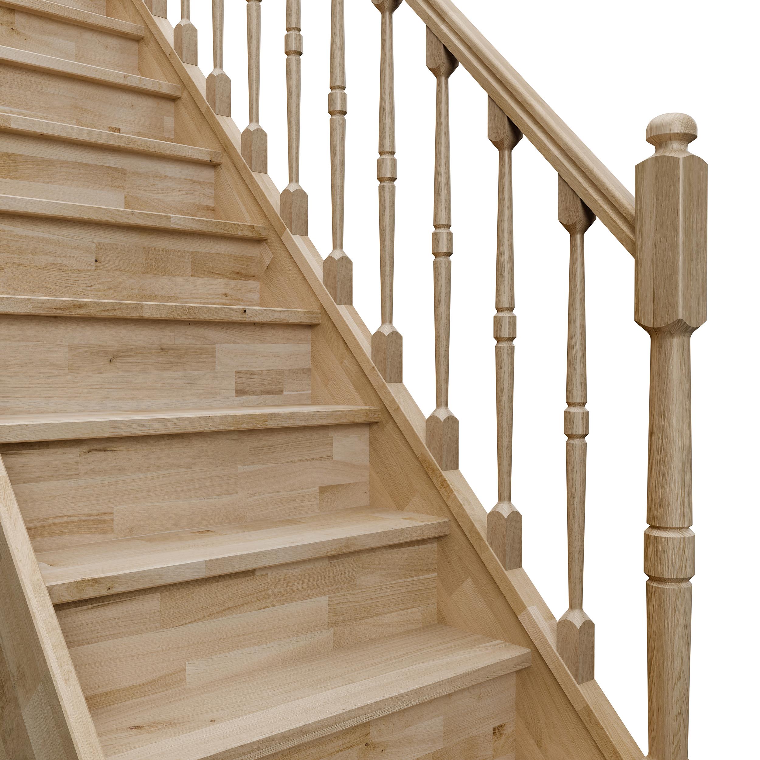 Afbeelding van een trap met gesloten stootborden, een houten leuning en moderne, decoratief gedraaide houten balusters, die een vintage uitstraling creëren.