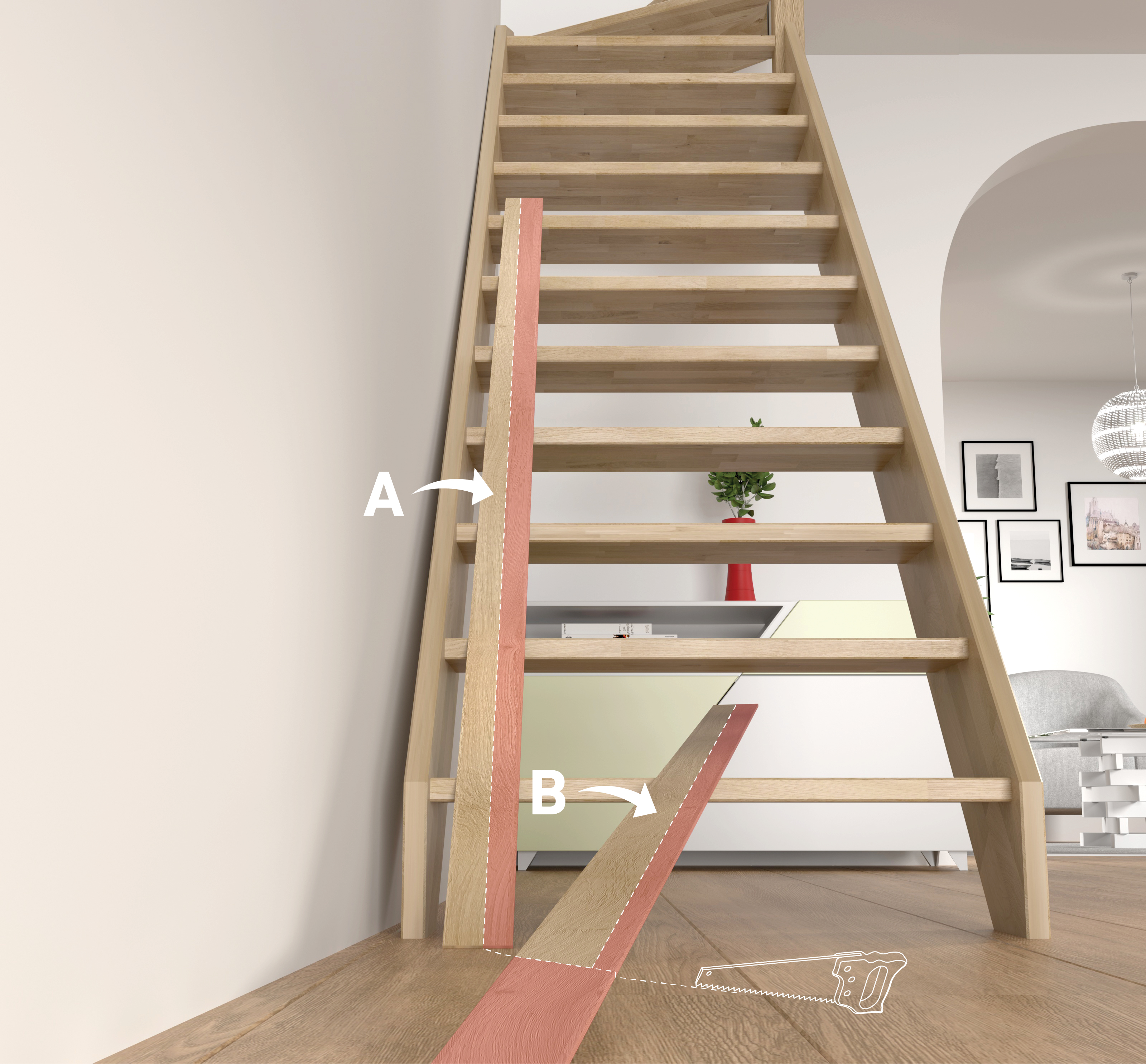 Afbeelding van een trap met open treden tegen een muur die de installatie van een AFWERKINGSLAT vereist.