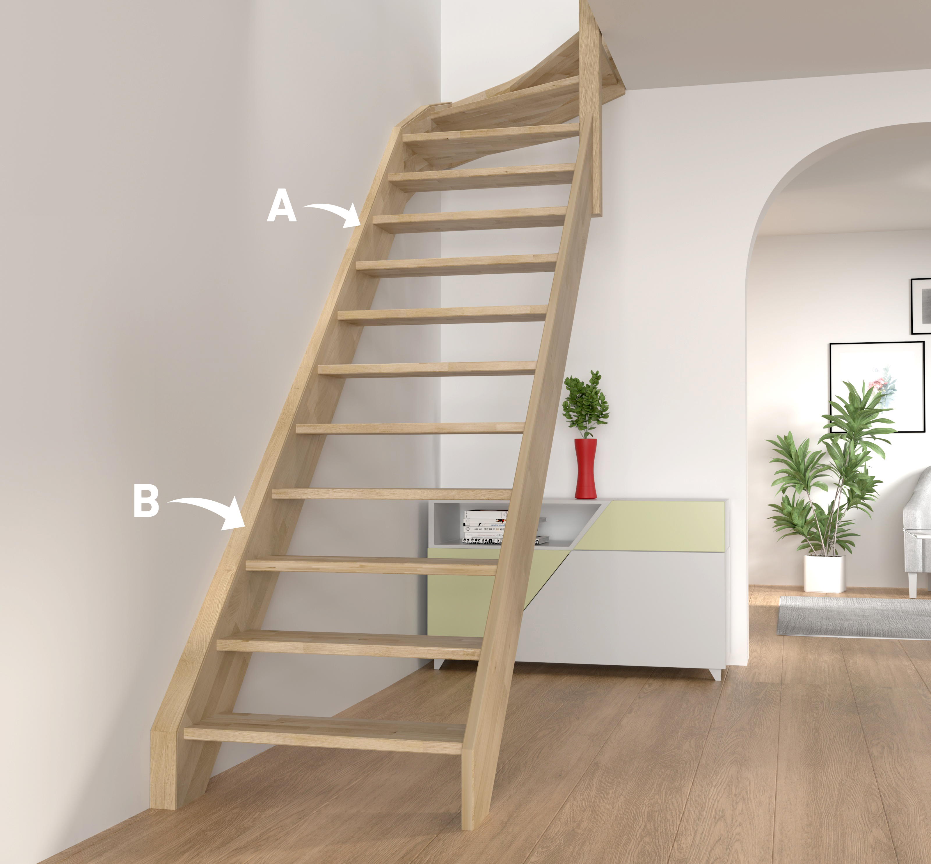Afbeelding van een trap met open treden tegen een muur, met **AFWERKINGSLAT** voor een perfecte afwerking.