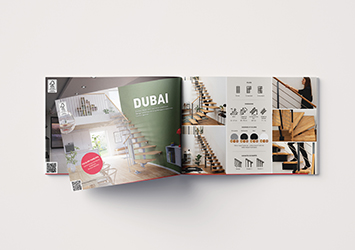 Afbeelding van een brochure met een Dubai trap op de omslag, met een rood SOGEM-logo en een buitencad setting.