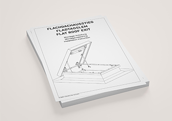 Afbeelding van een boekje getiteld "Montage-instructies voor plat dakuitgang", met een technische tekening van een dakluik op de omslag.